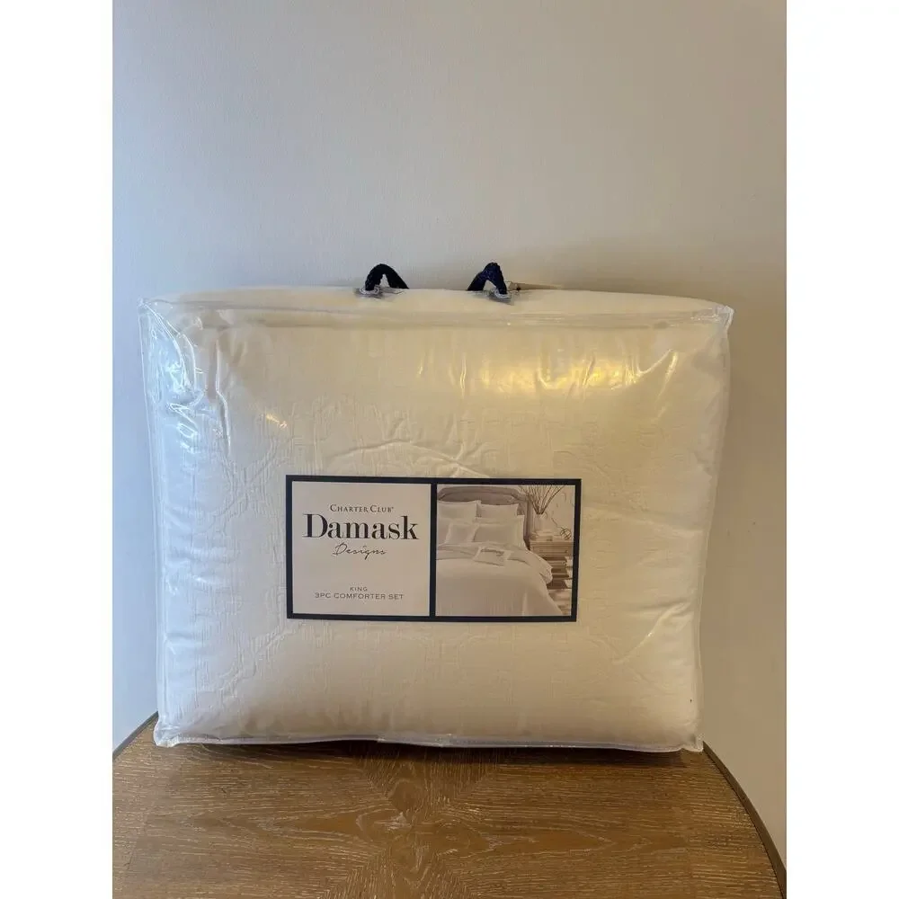 Charter Club Damask King Comforter Set White 3 Pc Cotton Blend NEW $400